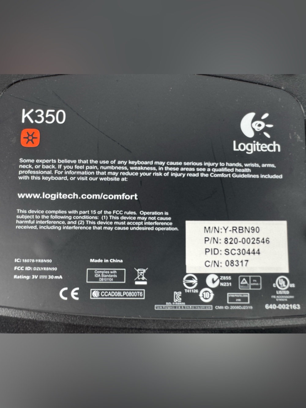 Logitech Black Wireless Ergonomic Keyboard K350 -No Dongle/Missing Keys - Picture 2 of 6